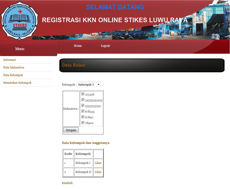 Halaman Admin Penentuan Kelompok KKN